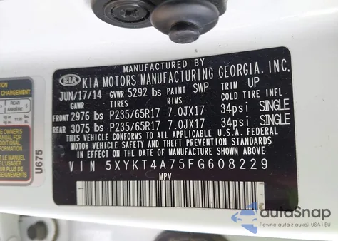 2015 Kia Sorento Lx V6 z USA, uszkodzony, nr VIN 5XYKT4A75FG608229